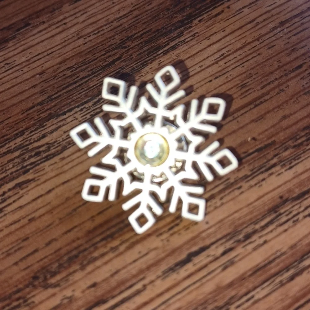 Snowflake pin, aluminum look, rhinestone center, approx 1